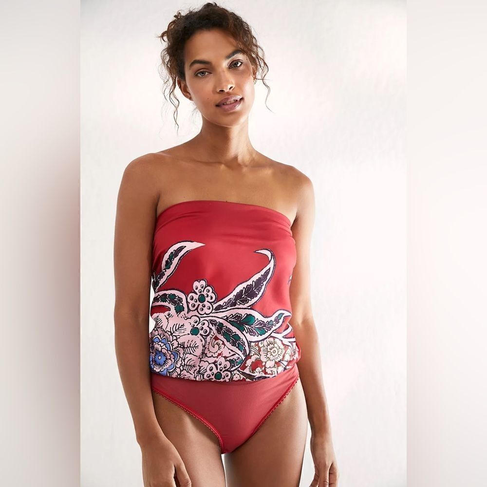 Free People NWT Spellbound Strapless Bodysuit in Cherry Combo Size Large
